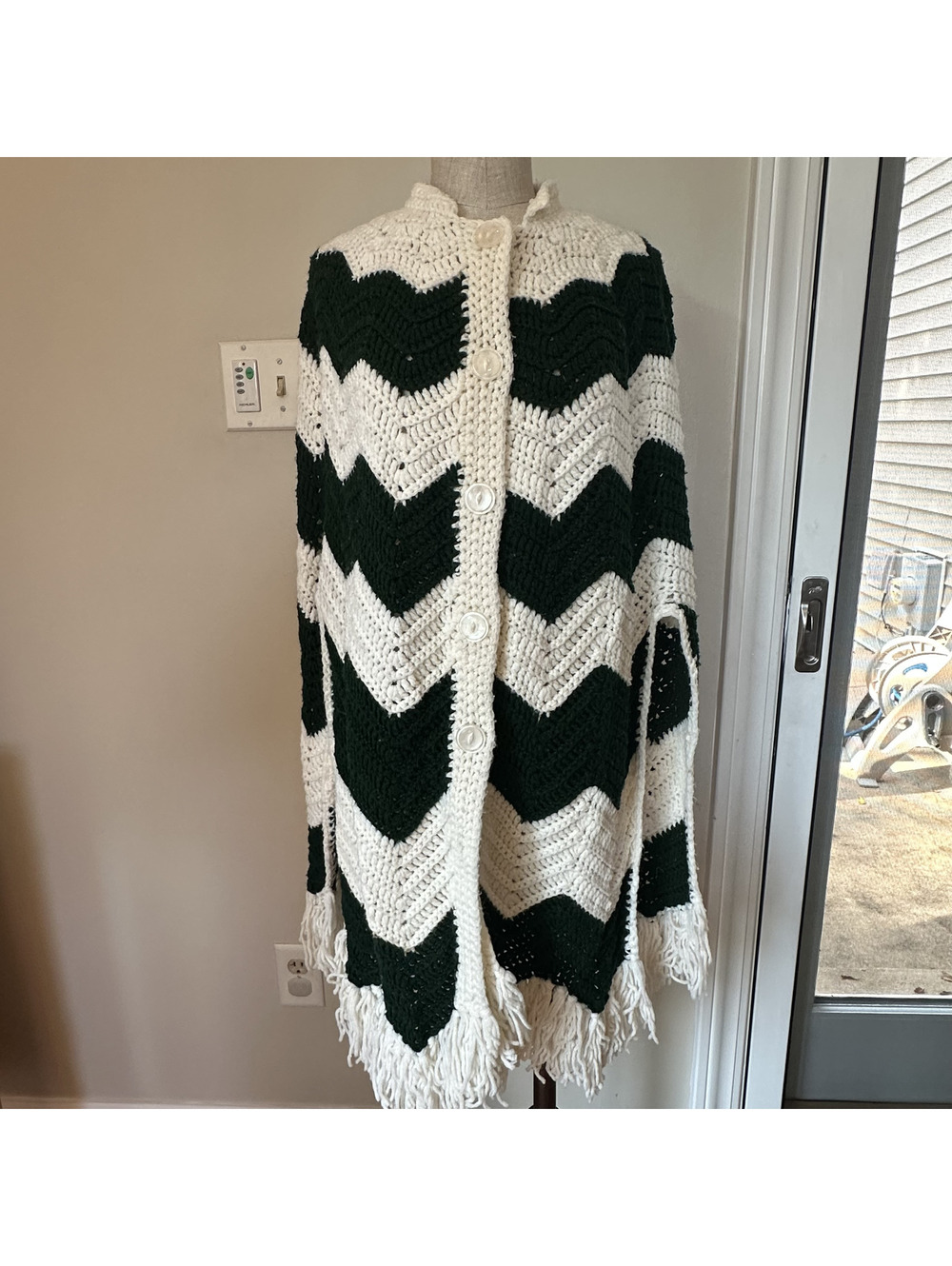Vintage 70s Handmade Crochet Chevron Fringe Poncho Cape Duster